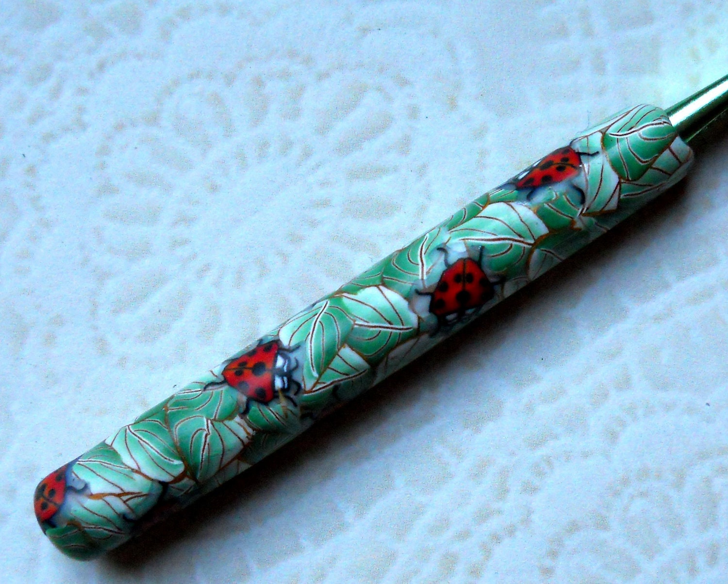 Polymer Clay Covered Crochet Hook, Boye, Size I - Ladybugs