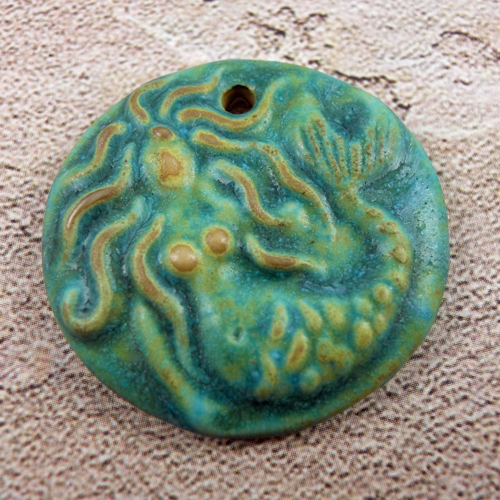 Handmade Porcelain Mermaid Pendant with Copper Patina Matt Glaze