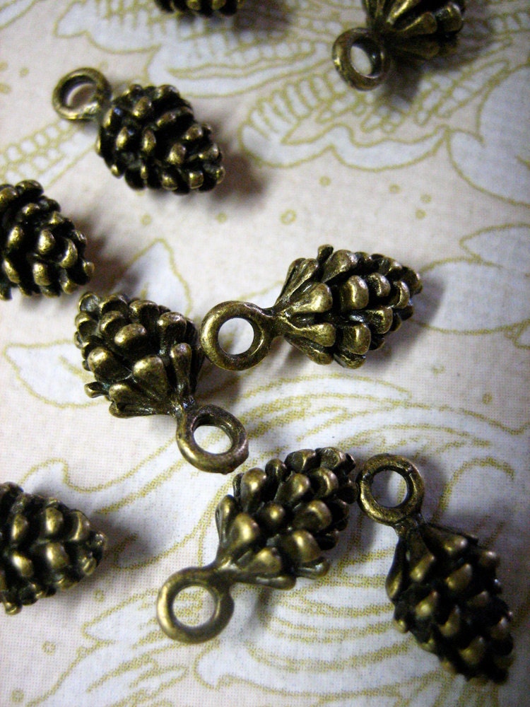 24 tiny antique brass plated pine cone charms (lead and nickel free)
