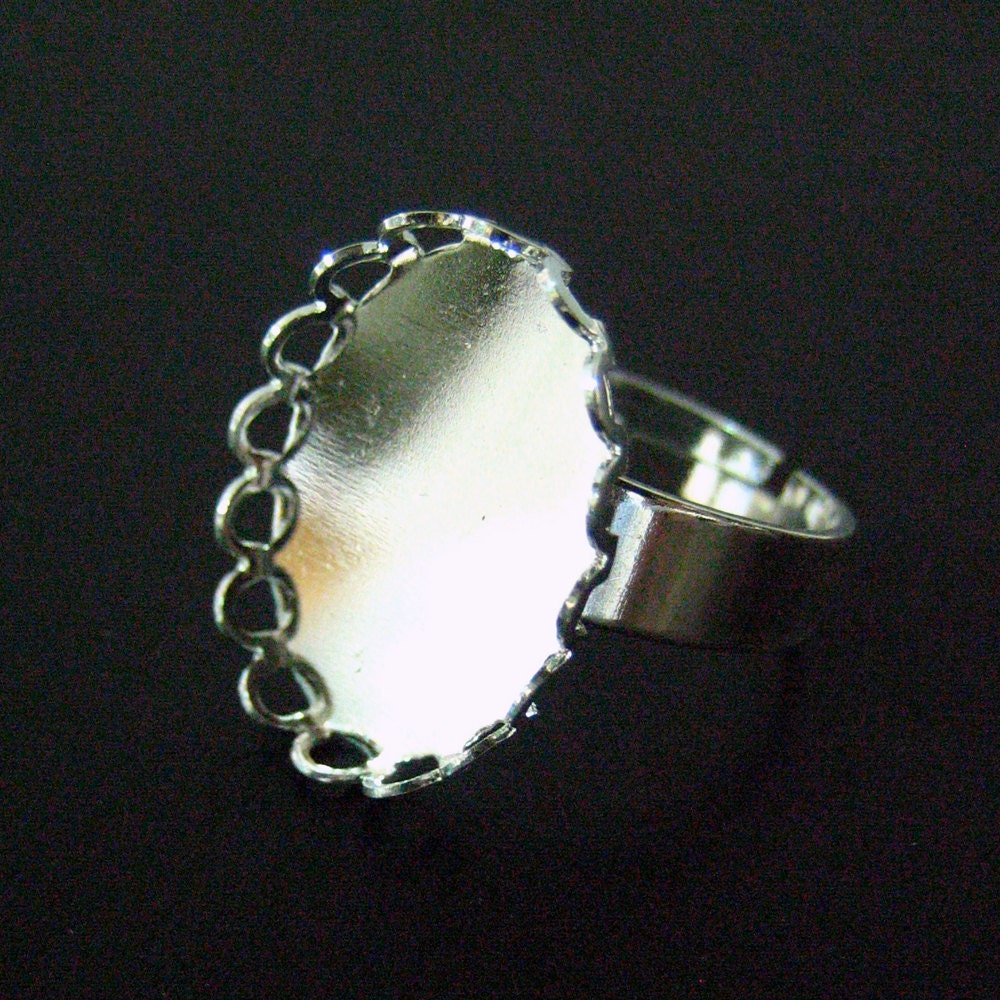 5 13x18mm bezel ring base, silver plated, lead and nickel free lace edged oval setting