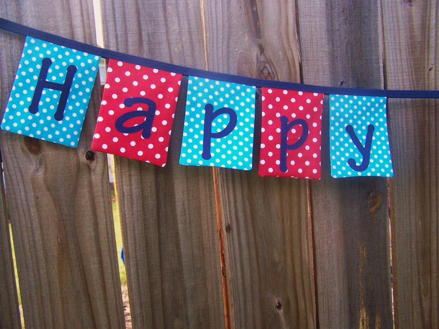 Happy Birthday Fabric Banner in Red Blue Polka Dots