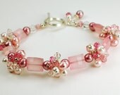 Pink Chalcedony, Freshwater Pearl and Crystal Cluster Bracelet