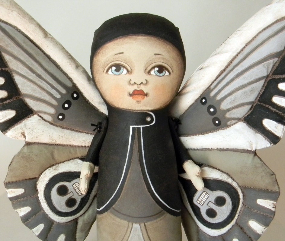Fairy Moth Butterfly Skull Original Folk Art Doll-- Hand Painted Cloth Sculpture-- Made to order within 7 days