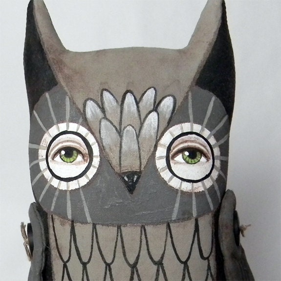 Dark Owl-- Contemporary Folk Art Cloth Doll Sculpture-- Hand Painted Original- Made to Order within a Week