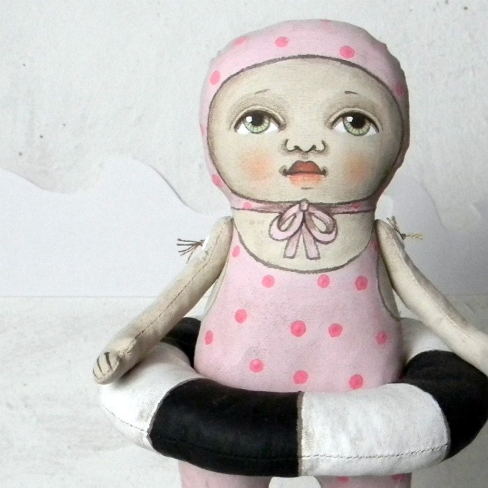 Folk Art Pink Polka Dot Swimsuit Doll Sculpture-- Hand Painted Original- Made to Order within a Week