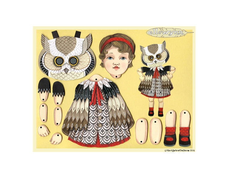 Owl Mask Dolly-- Original Folk Art DIY Articulated Paper Doll Set