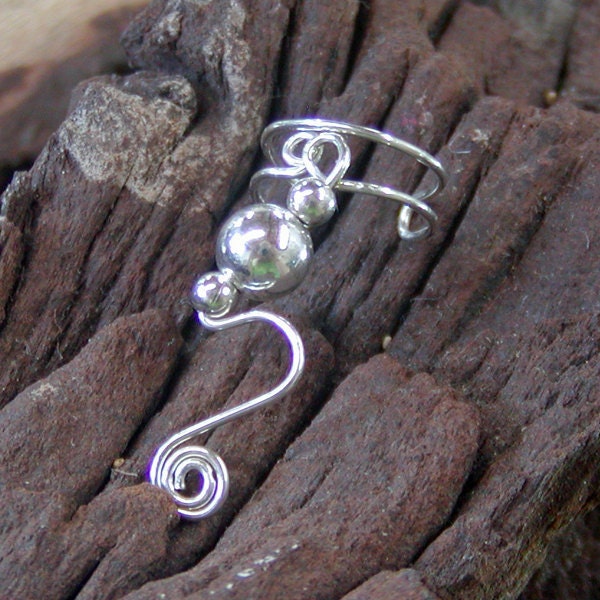 Ornate Sweeping Silver Wire Ear Cuff with Silver Beads