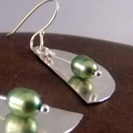 Sterling Half Moon Earrings with Green Pearl