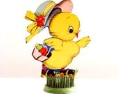 Vintage Paper Ephemera Chick Peep on Skates with Bonnet and Easter Basket
