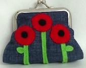 Coin Purse Wallet Change Purse Metal Framed Small Clutch - Red Poppies Applique