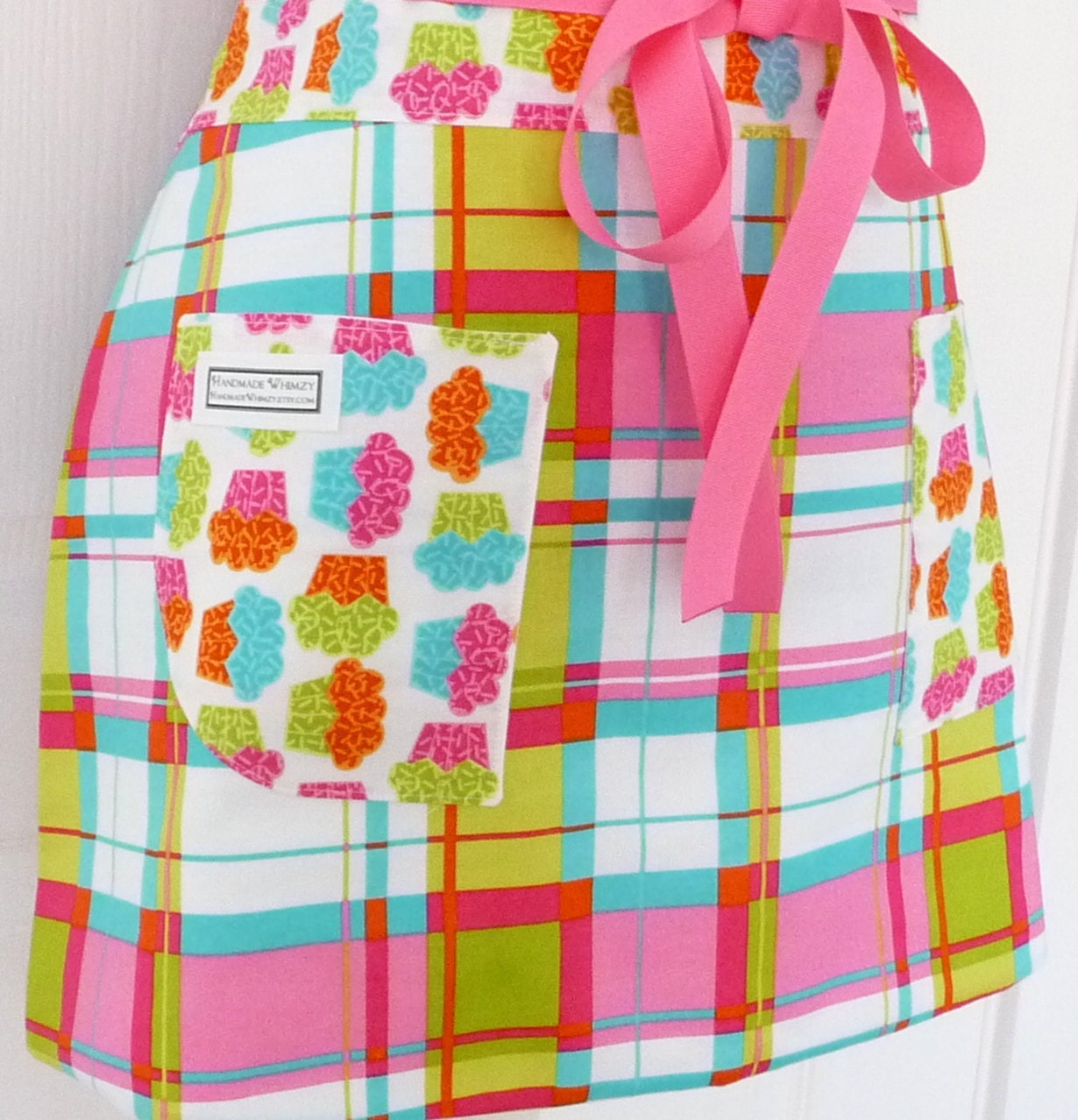 Womens Full Apron Adult Chef Hostess Pink Plaid and Cupcakes