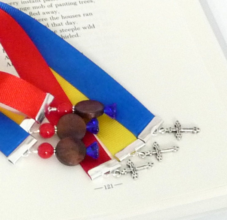 Ribbon Bookmark Trio Set of 3 Book Thongs Full Size Long Bookmarks - Primary Colors Plain Jane Bible Bookmarks Crosses