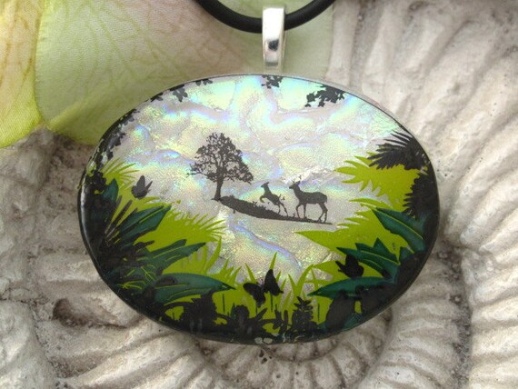 Dichroic Glass Pendant -Deer Forrest - Fused Glass Jewelry - Fused Glass  Pendant - Necklace 022312p103