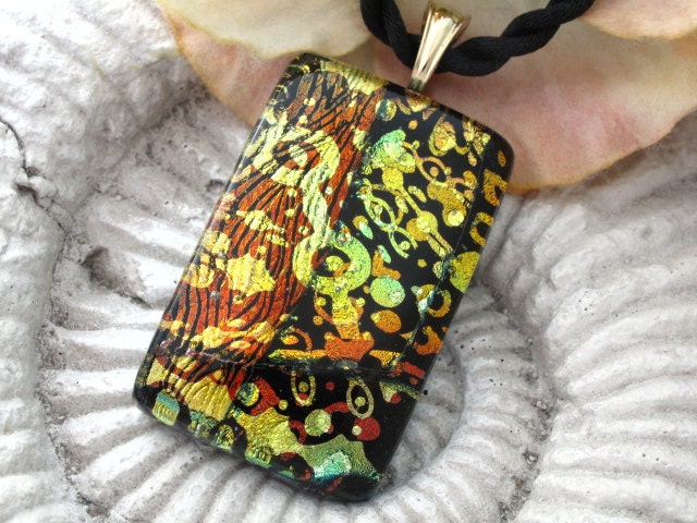 Golden Copper Fused Dichroic Glass Pendant and Necklace, Fused Glass Jewelry 071911p100
