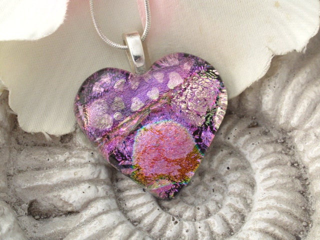 Pink Heart - Fused Dichroic Heart -Dichroic Fused Glass Pendant - Dichroic Fused Glass Jewelry Necklace 051810p100