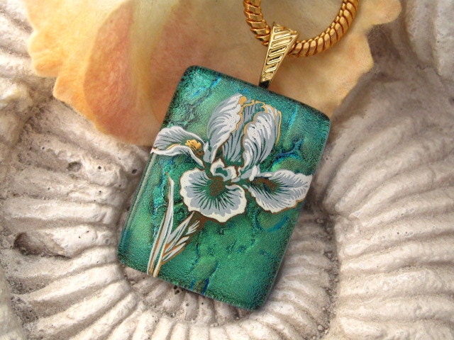 Sage Green Iris - Dichroic Fused Glass Jewelry - Fused Glass Necklace - Dichroic Fused Glass Pendant & Necklace 010212p116