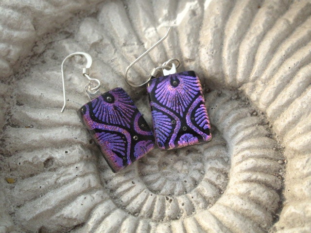 Petite - Art Deco Style - Dichroic Fused Glass Jewelry - Purple Dichroic Earrings- Fused Glass Earrings -Sterling Silver 021812e105