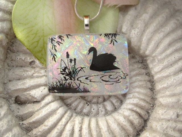 Swan Lake Pendant - Dichroic Fused Glass Jewelry - Fused Glass Necklace 031412p116