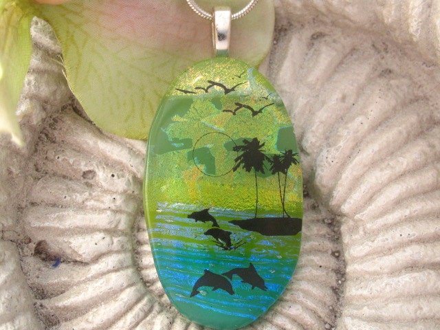 Exclusive Design - Fused Glass Pendant - Captiva Island - Dichroic Fused Glass Jewelry - Dichroic Necklace - Bird - Dolphin 031812p108