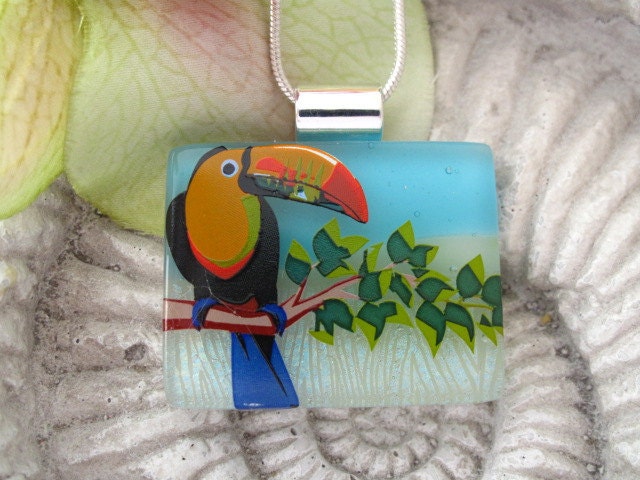 Dichroic Glass Pendant - Toucan- Dichroic Fused Glass Jewelry - Dichroic Pendant and Necklace 060712p101