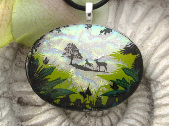 Dichroic Glass Pendant -Deer Forrest - Fused Glass Jewelry - Fused Glass  Pendant - Necklace 022312p103
