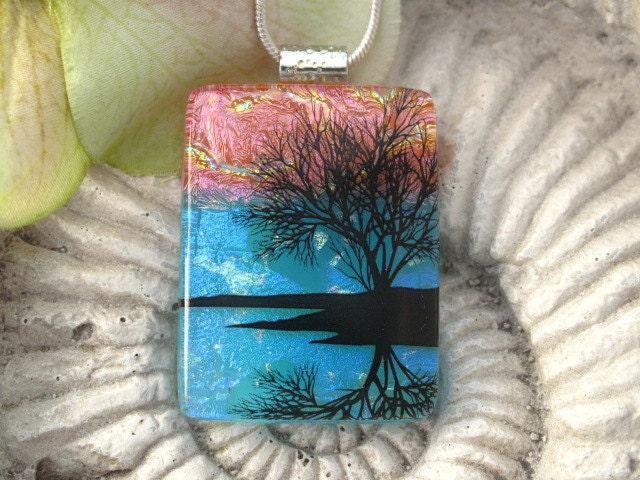 Reflection Tree - Dichroic Fused Glass Jewelry - Necklace - Fused Glass Pendant - 061212p102
