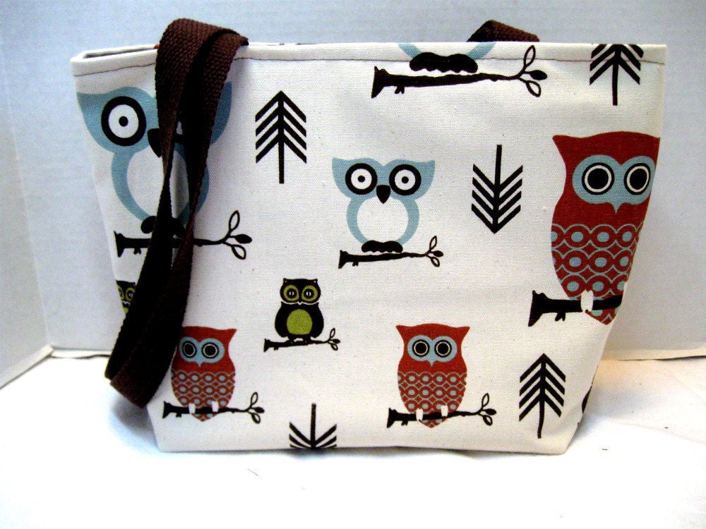 Owls Tote Purse Medium Brown Handles Ready to Ship