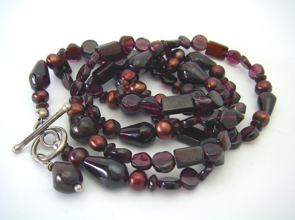 Gorgeous Red Garnet, Red Pearls, Long Silver Necklace