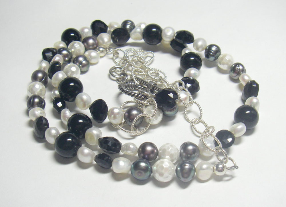 White Pearls, Black Onyx, Black Pearls, Silver Long Chain Necklace
