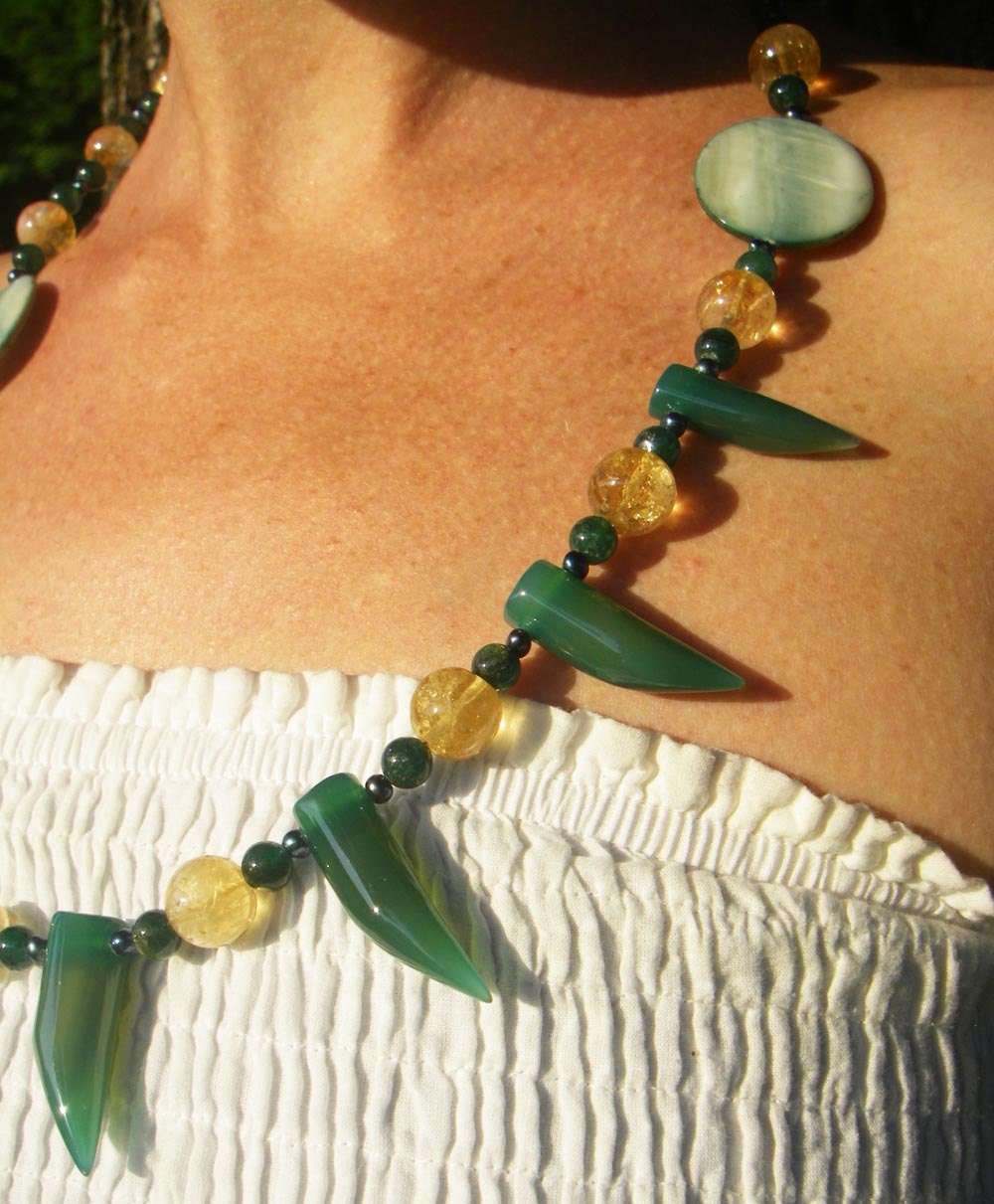 Oi Brazil, Green Agate, Citrine, Blue Pearls, Mother of Pearl Silver Necklace