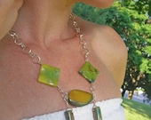 Tribal Yellow Green Agate, Silver Chain Necklace