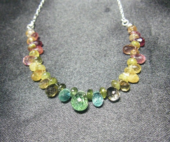 Gorgeous Rainbow Tourmaline Briolette, Silver Chain Necklace