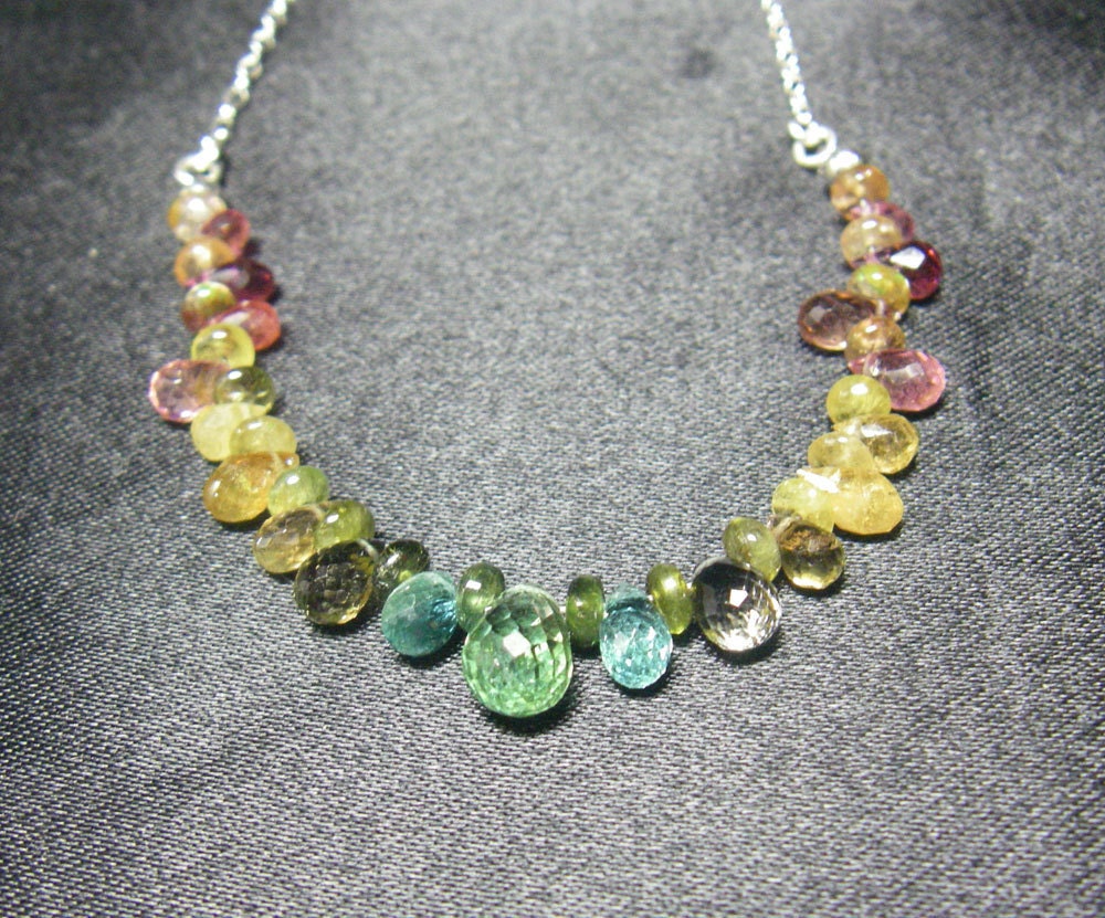 Gorgeous Rainbow Tourmaline Briolette, Silver Chain Necklace