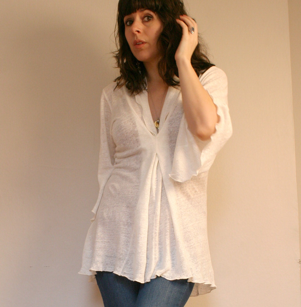 linen knit blouse with angel sleeve and draped neckline - made to order