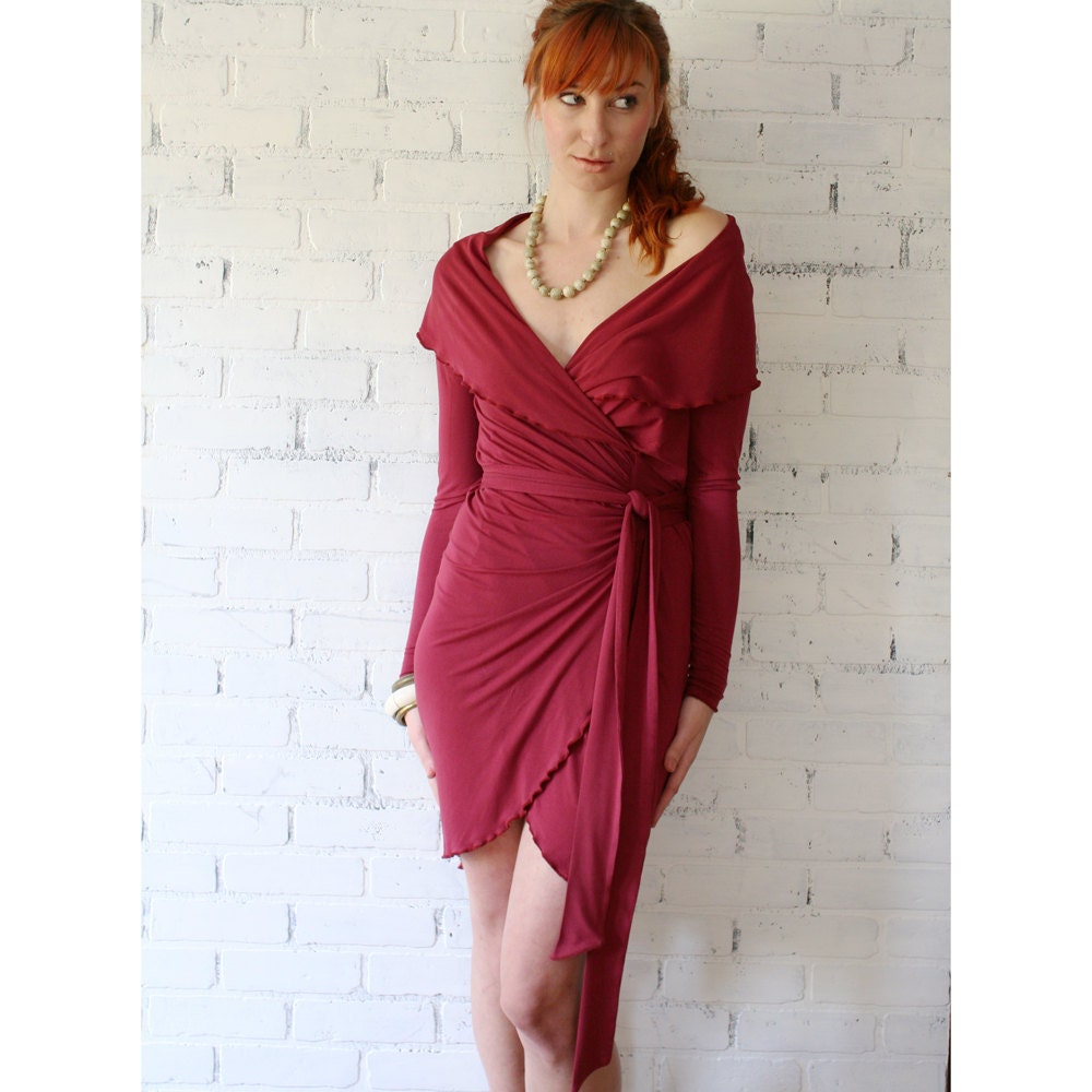 womens wrap dress with shawl collar in viscose of bamboo - made to order