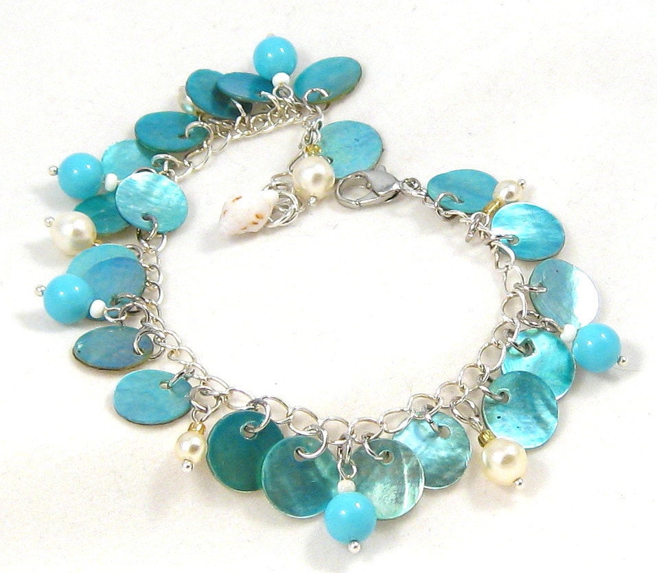 Dangly Turquoise Shell Bracelet Freshwater Pearls Sea Shells Beach Fashion Summer Jewelry