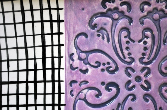 Large Serving Tray/ Rectangular Dish - Purple and Navy, Black and White -- scroll-work design and grid