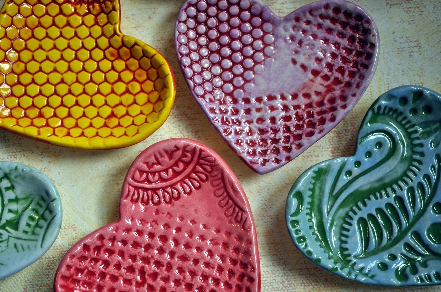 Have a Heart - small dish- yellow and red honeycomb pattern