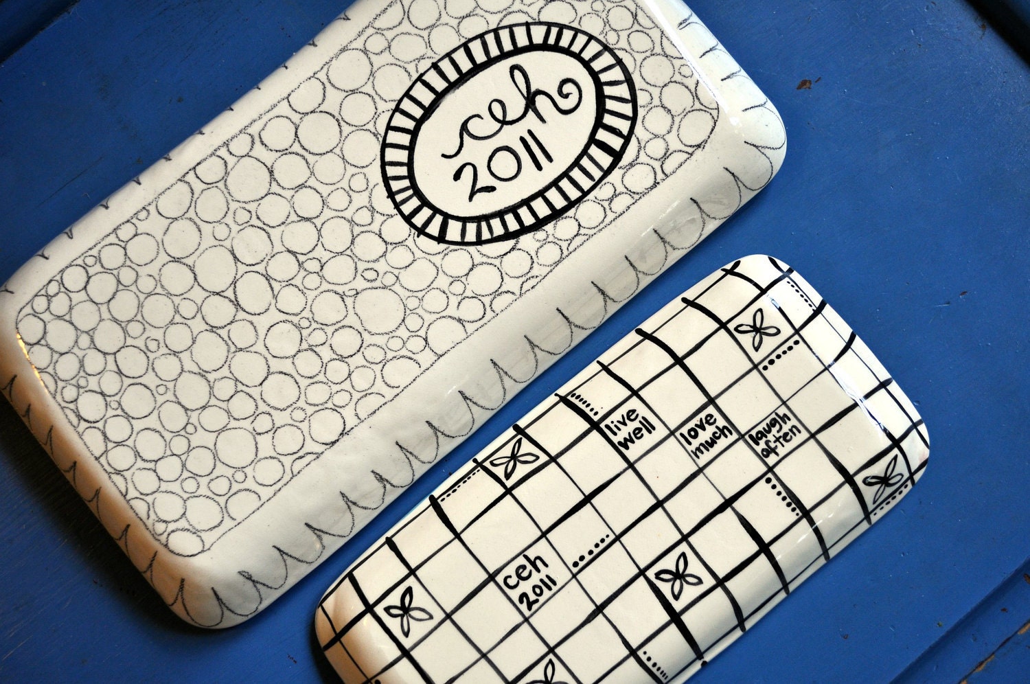 Large Serving Tray/ Rectangular Dish - Purple and Navy, Black and White -- scroll-work design and grid