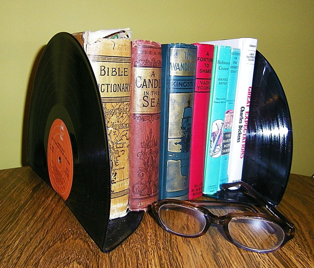Retro bookends Recycled Records Home office decor Record Album decor Upcycled bookends