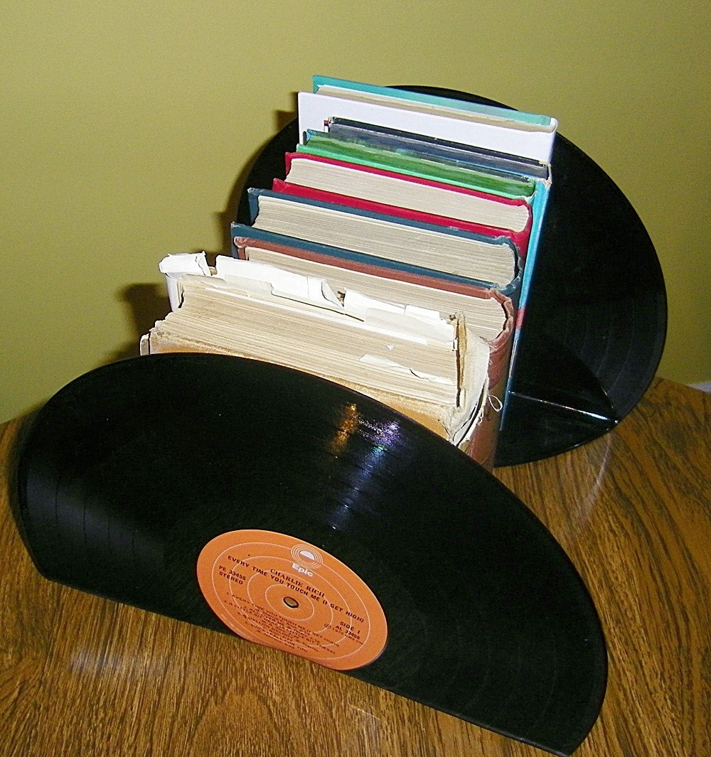 Retro bookends Recycled Records Home office decor Record Album decor Upcycled bookends
