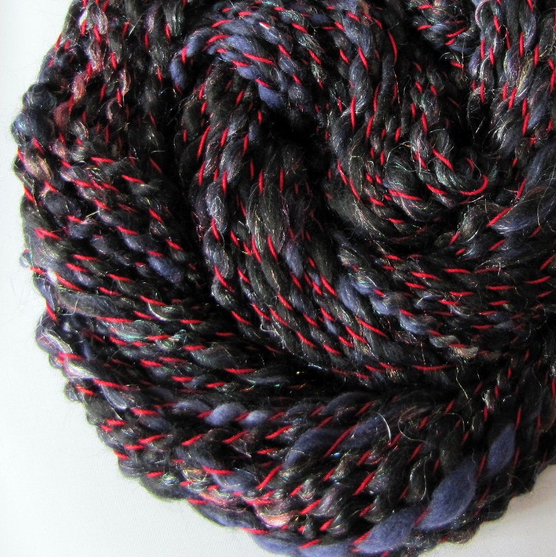 Handspun Yarn Sparkly Black Plied with Red Thread 85 Yards
