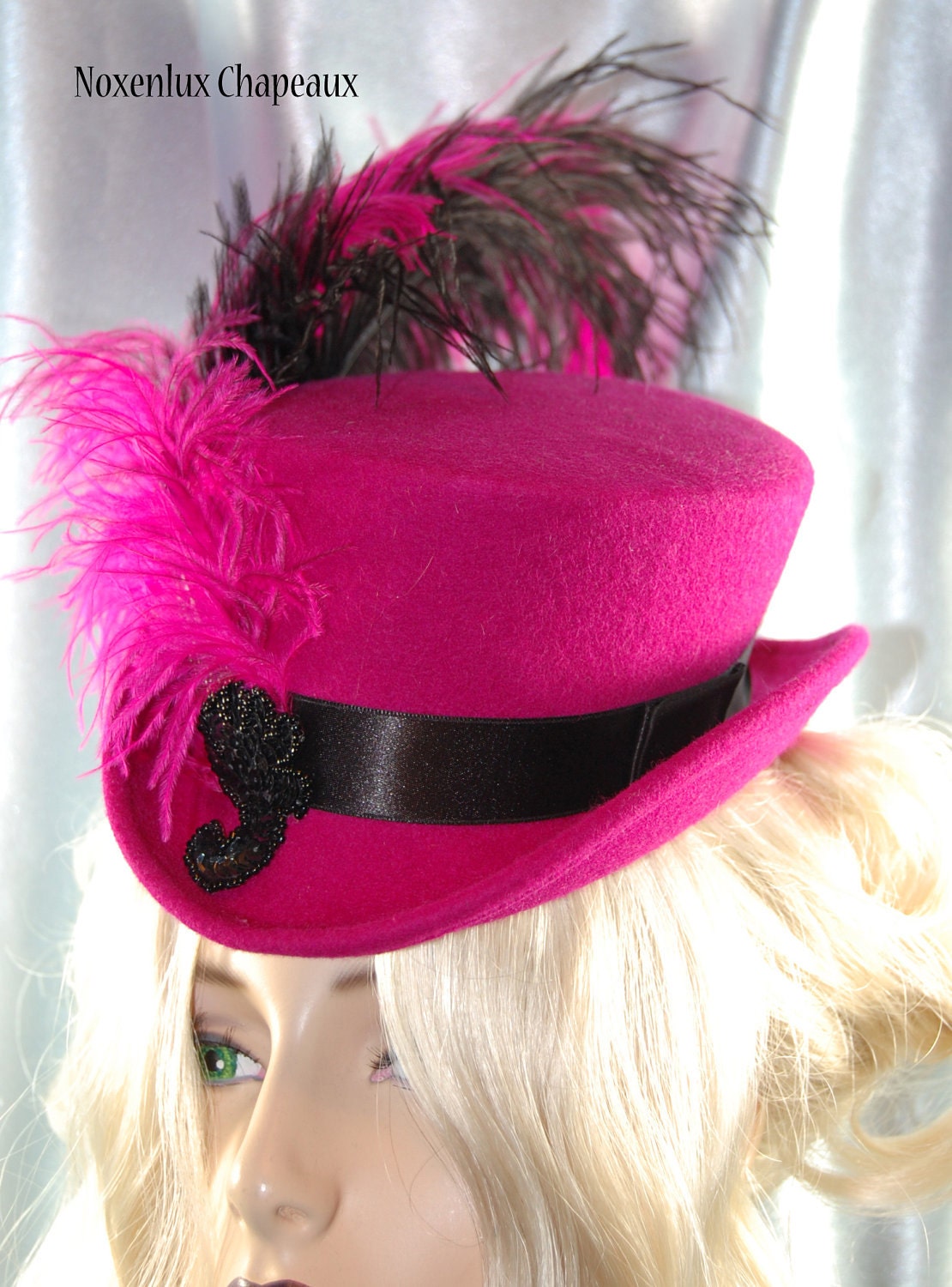Hat Burlesque Steampunk Top Hat Mini Dapper Victorian, Magenta and Black Mini Top Hat, Noxenlux Chapeaux