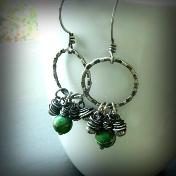 Handmade Earrings - Beaded Sterling Silver and Aqua Terra Rustic Textured Fringed Circle Hoops - California