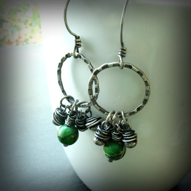 Handmade Earrings - Beaded Sterling Silver and Aqua Terra Rustic Textured Fringed Circle Hoops - California