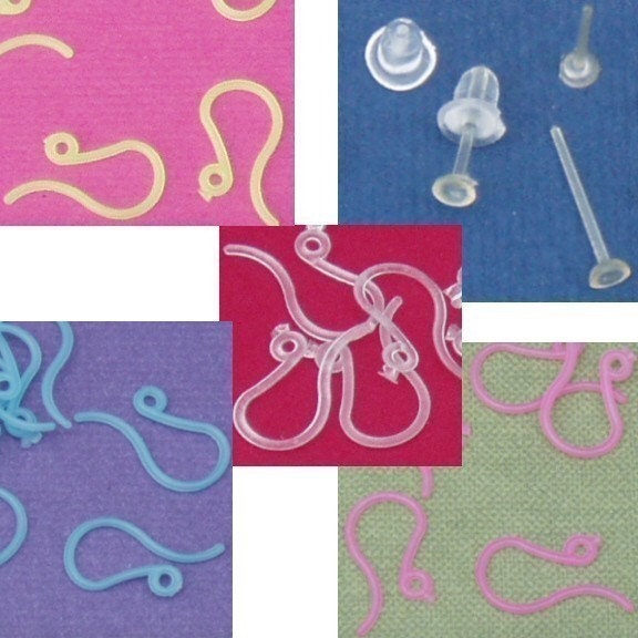 72 Posts w/backs & 72 Plastic French Hooks/Ear Wires, Clear, Pink, Yellow, Blue, Great for folks w/metal allergies