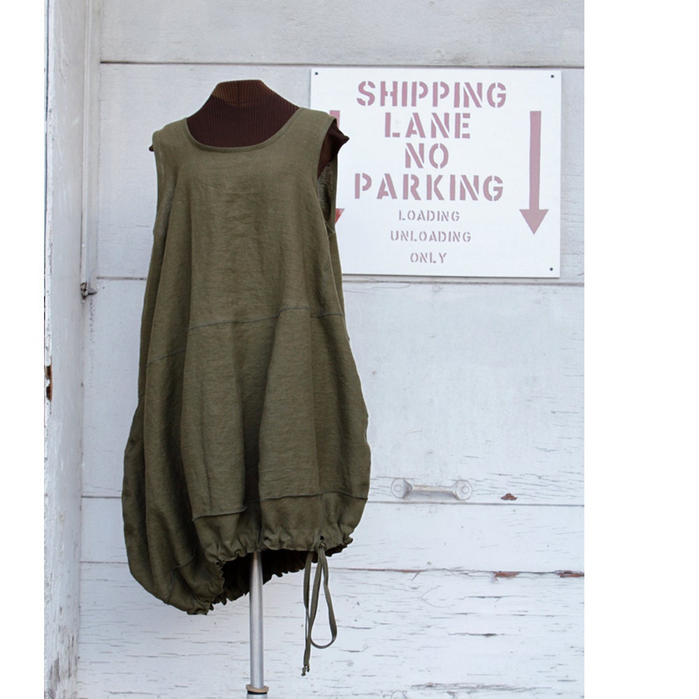 cold pressed olive green linen lagenlook layering tunic / dress - The Parachute Something Husk