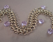 Chain Maille Armor Bracelet with Lilac Glass Dangle Beads - Euro 4-1, Stainless Steel