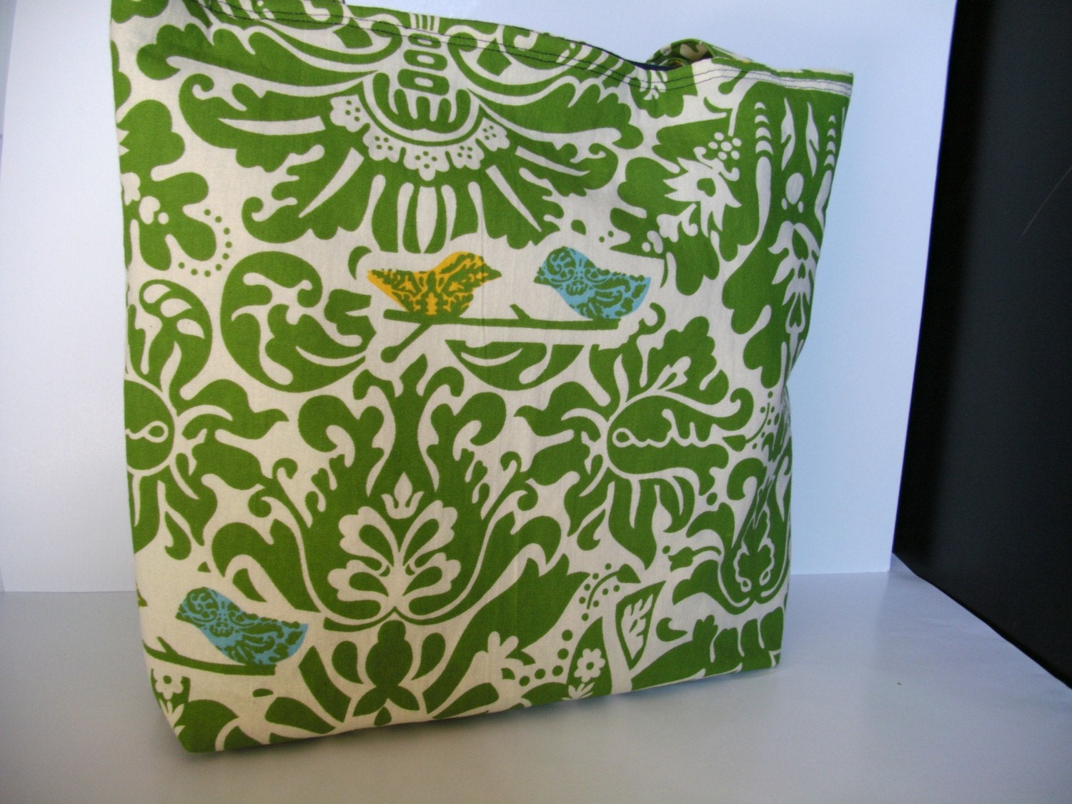 Love Birds...Large tote in a green damask