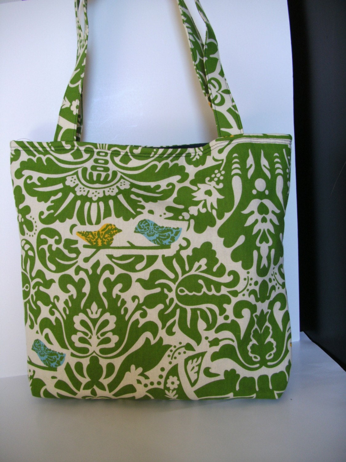 Love Birds...Large tote in a green damask